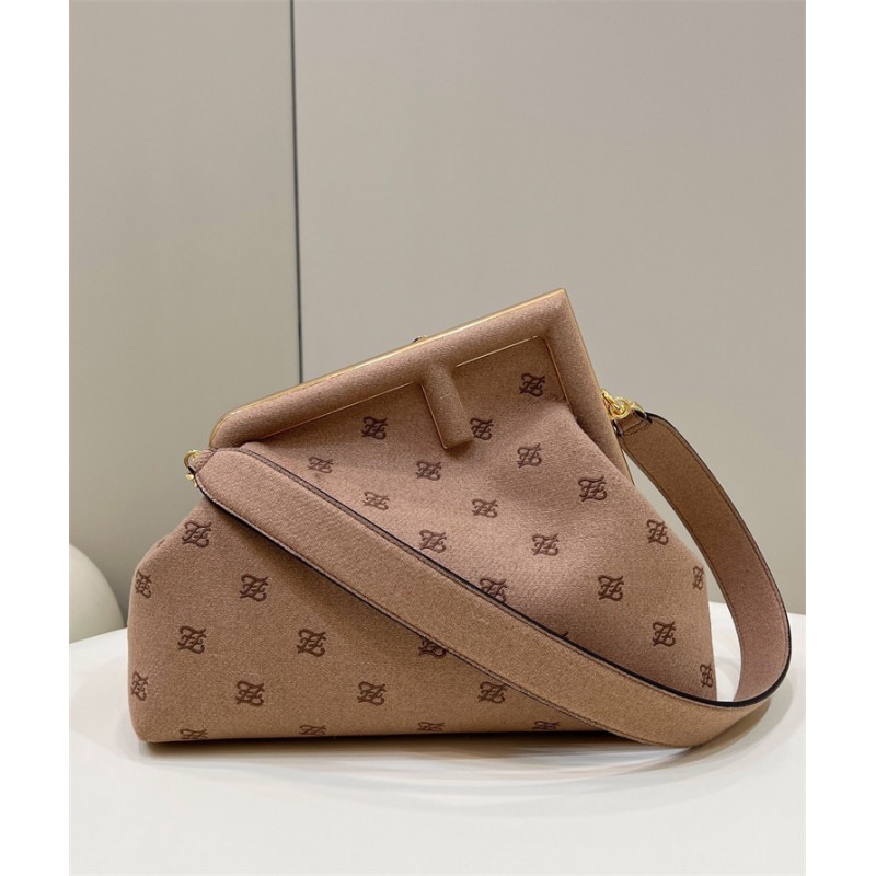 Fendi First Medium Beige flannel bag with embroidery 8BP127AHNGF0J2D