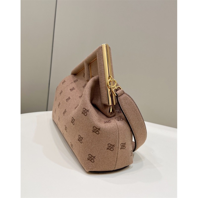Fendi First Medium Beige flannel bag with embroidery 8BP127AHNGF0J2D