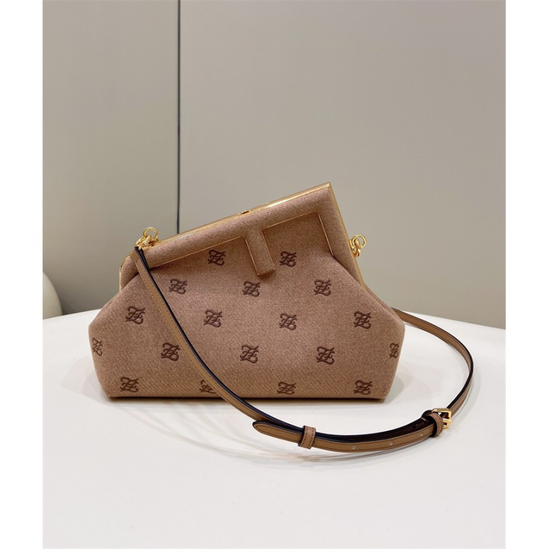 Fendi First Small Beige flannel bag with embroidery 8BP127AHNGF0SML
