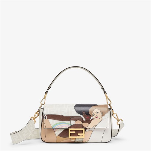 Fendi Iconic medium Baguette FF white glazed fabric bag 8BR600AJH1F1GF8