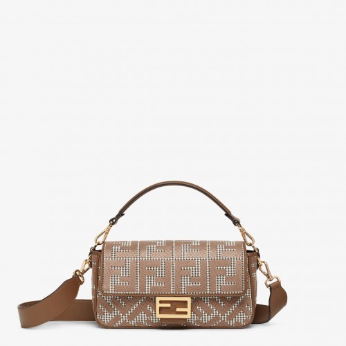 Fendi Iconic medium Baguette bag made of brown houndstooth wool with the  FF embroidery 8BR600AKRZF1IRG