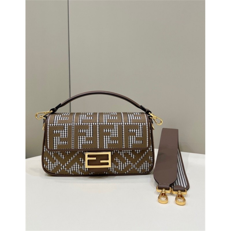 Fendi Iconic medium Baguette bag made of brown houndstooth wool with the  FF embroidery 8BR600AKRZF1IRG
