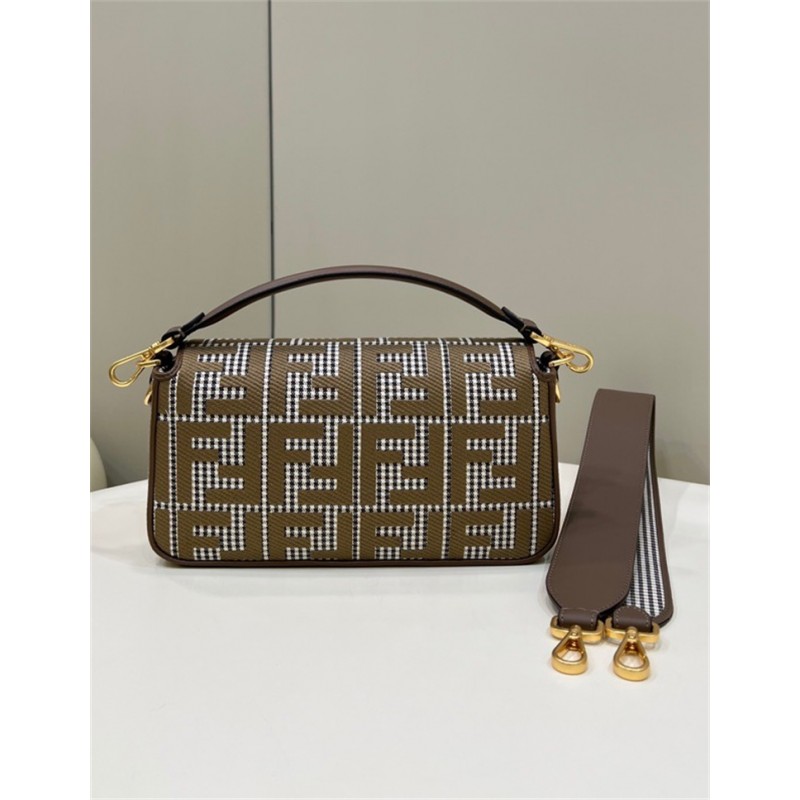 Fendi Iconic medium Baguette bag made of brown houndstooth wool with the  FF embroidery 8BR600AKRZF1IRG