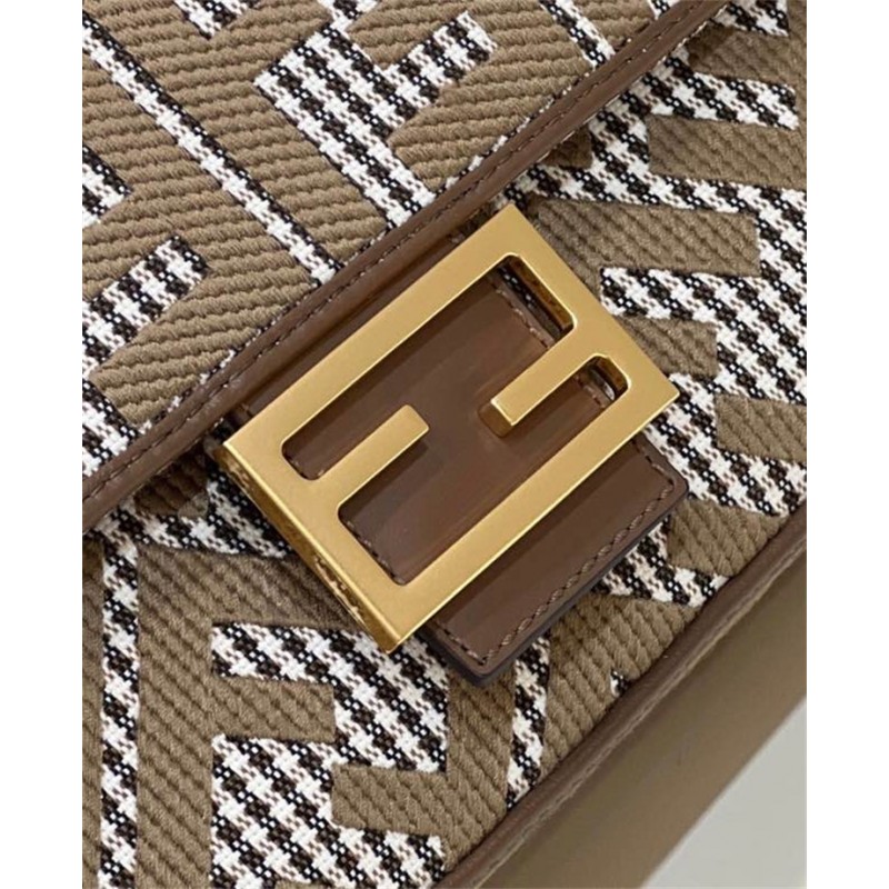 Fendi Iconic medium Baguette bag made of brown houndstooth wool with the  FF embroidery 8BR600AKRZF1IRG