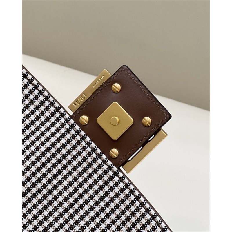 Fendi Iconic medium Baguette bag made of brown houndstooth wool with the  FF embroidery 8BR600AKRZF1IRG