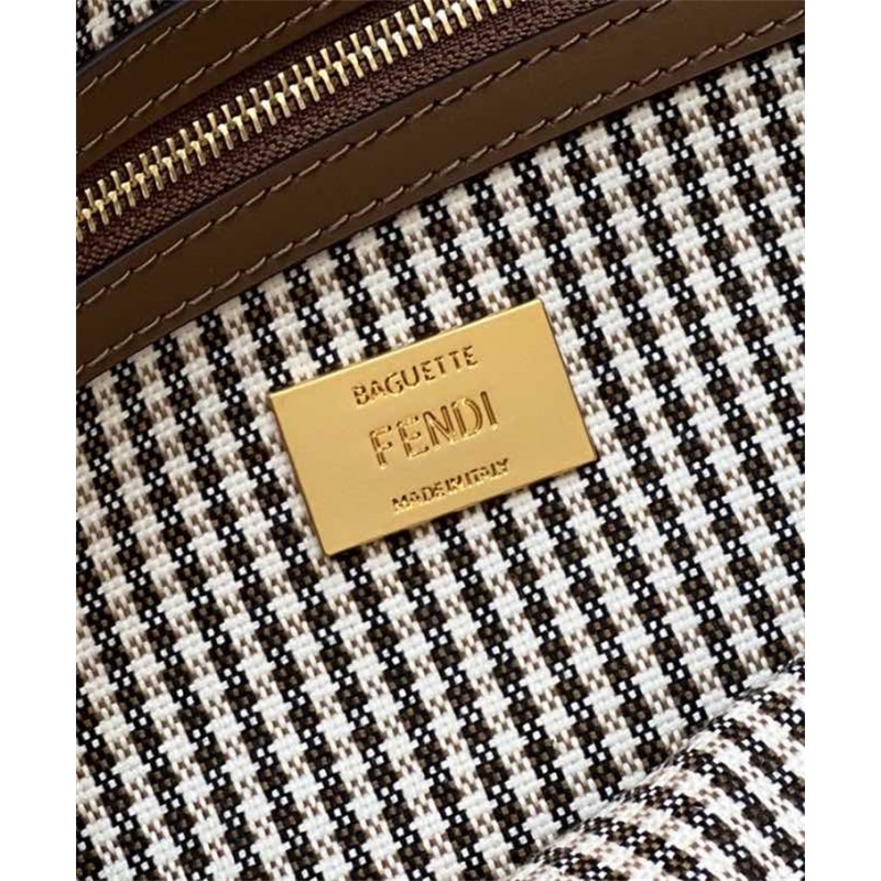 Fendi Iconic medium Baguette bag made of brown houndstooth wool with the  FF embroidery 8BR600AKRZF1IRG
