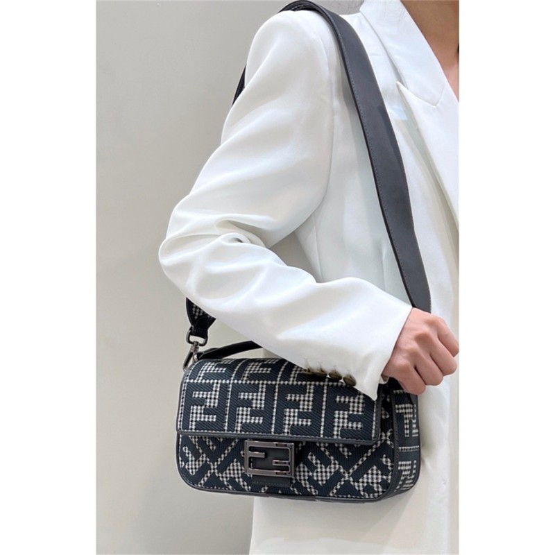 Fendi Iconic medium Baguette bag made of gray houndstooth wool with the  FF embroidery 8BR600AKRZF1J5M
