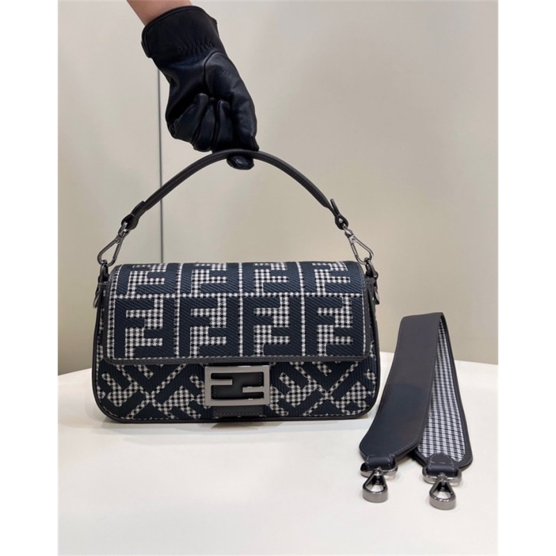 Fendi Iconic medium Baguette bag made of gray houndstooth wool with the  FF embroidery 8BR600AKRZF1J5M