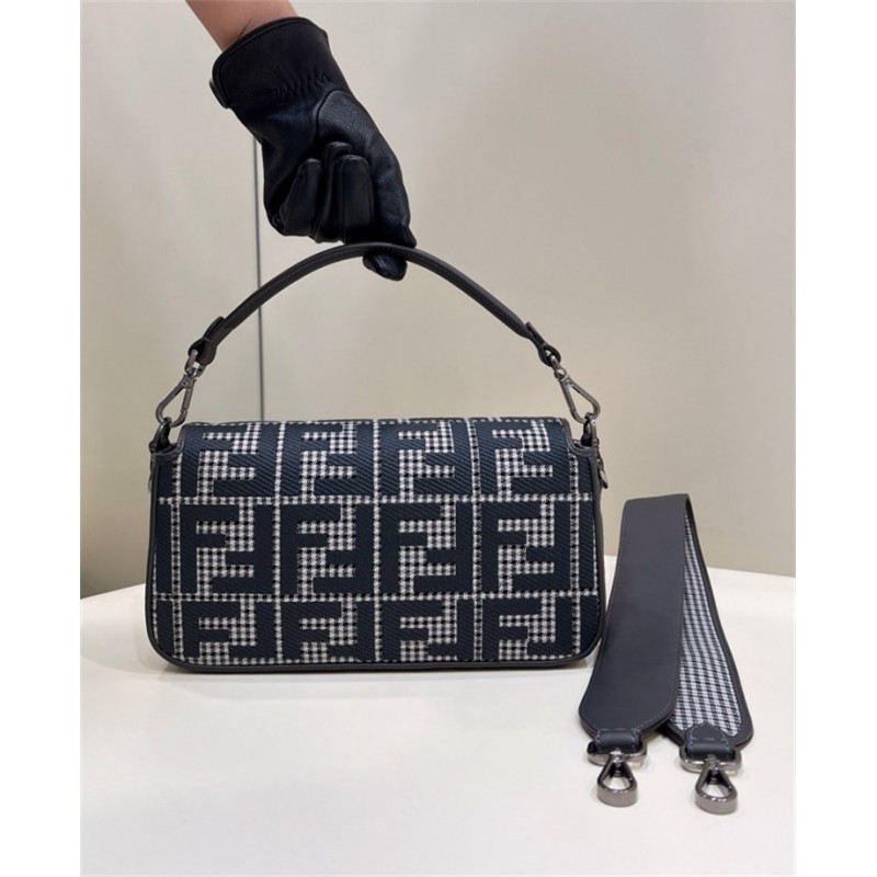 Fendi Iconic medium Baguette bag made of gray houndstooth wool with the  FF embroidery 8BR600AKRZF1J5M