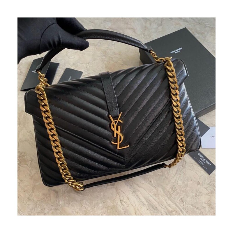 YSL Saint Laurent Sheepskin Matelasse Chevron Monogram Large College Satchel 392738 Black