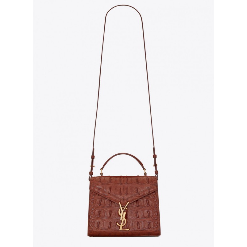 YSL Saint Laurent Cassandra Mini Top Handle Bag In Caiman Embossed Leather 602716 Brown