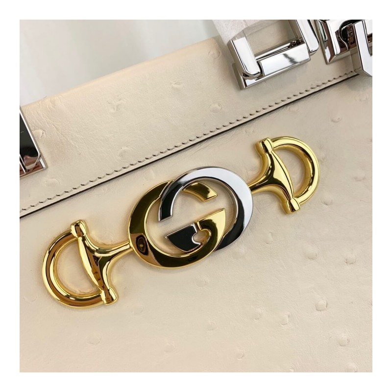 Gucci Zumi Ostrich Leather Medium Top Handle Bag 569712 White