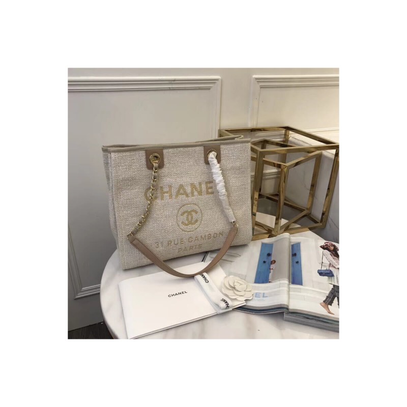 Chanel Deauville Chain Shoulder Tote 33cm Canvas Bag A66939