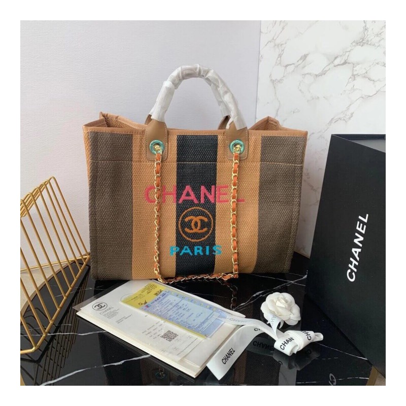 Chanel Straw Raffia Calfskin Striped Large Deauville Tote A93786