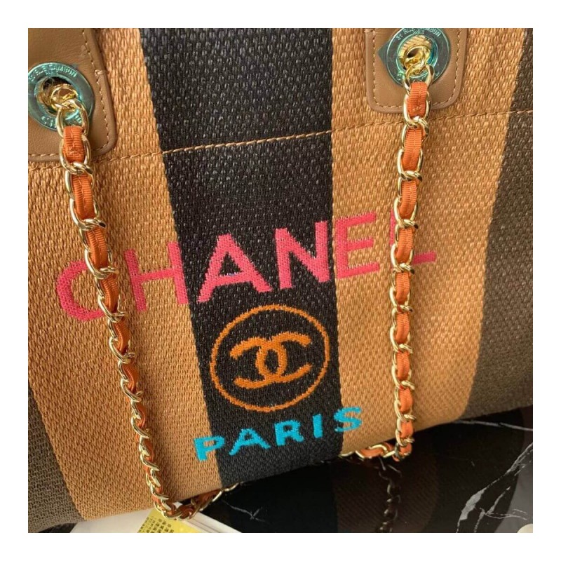 Chanel Straw Raffia Calfskin Striped Large Deauville Tote A93786