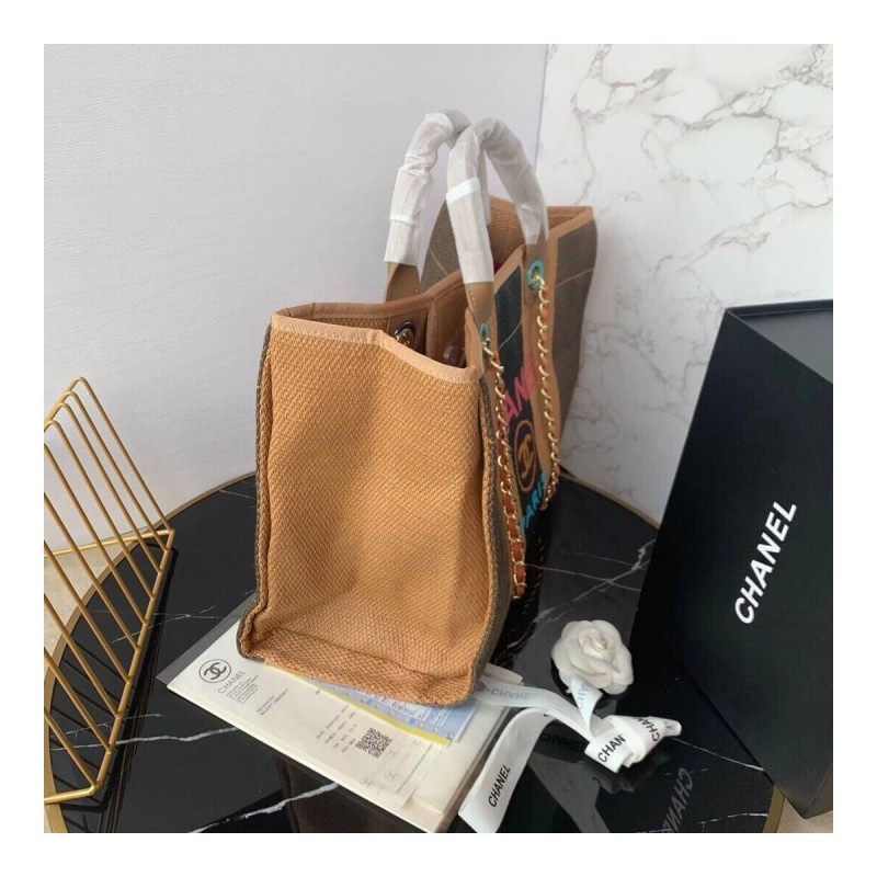 Chanel Straw Raffia Calfskin Striped Large Deauville Tote A93786