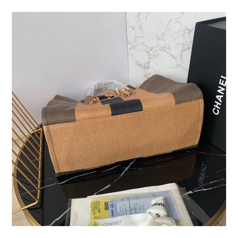 Chanel Straw Raffia Calfskin Striped Large Deauville Tote A93786