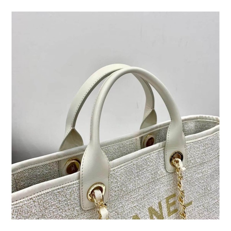 Chanel Deauville Tote 38cm Canvas Bag A66941 White/Gold