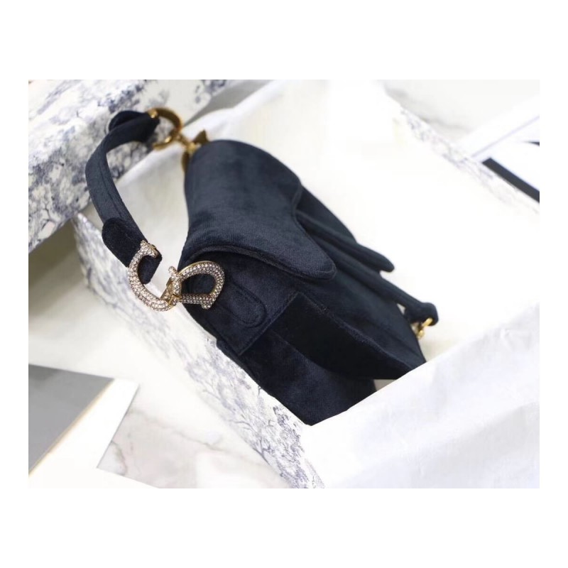 Christian Dior Saddle 20cm Shoulder Bag with Crystals Velvet M8044